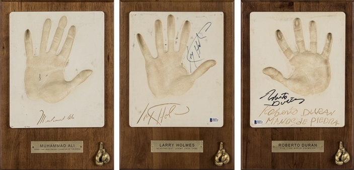Lot of (3) Boxing Champions Hand Casts of Muhammad Ali, Larry Holmes & Roberto Duran (2 Signed) (Beckett)